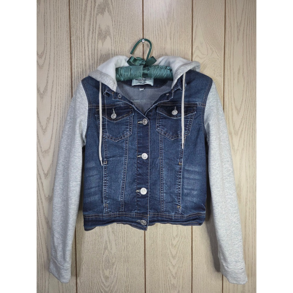 WallFlower The Dreamer Fit Denim Jacket Gray Knit Hooded Sleeves Blue Small